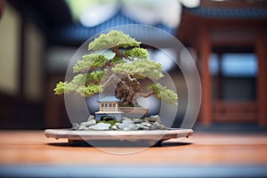 single bonsai tree centered in a zen garden