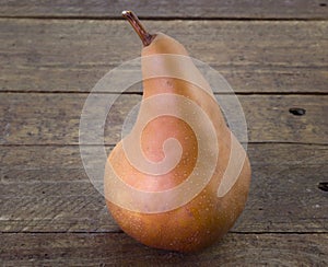 Single Bosc pear on rustic wood table