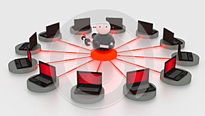 Single bot in the circular center of platforms connected to laptops photo