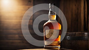 A single bottle of whiskey bourbon standing on barrel in retro vintage background
