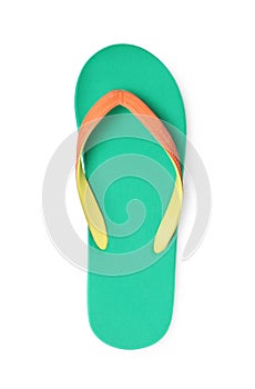 Single bright flip flop isolated on white, top view