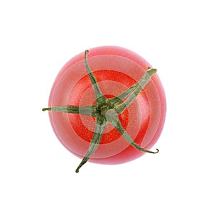 A single bright red tomato, isolated on a white background. Tasty, fresh and juicy red tomatoes, top view.