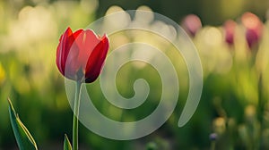 Single Bright Red Tulip Standing in A Field of Green photo