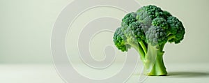 Single broccoli floret, vivid green against neutral backdrop , ingredient, vibrant