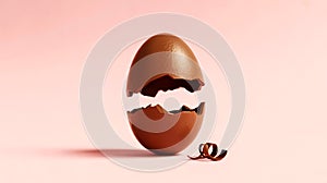 Single broken eggshell on soft pink background