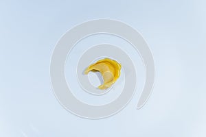 A single broken tortellino on a white plate, it`s not good enough to be eat or sold photo