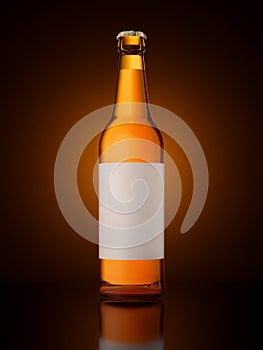 Single brown beer bottle with blank white label. Full glass bottle against brown shaded background