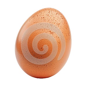 Single brown chicken egg standing up on white background