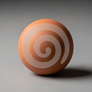 A single brown egg with a smooth texture rests on a soft gray surface