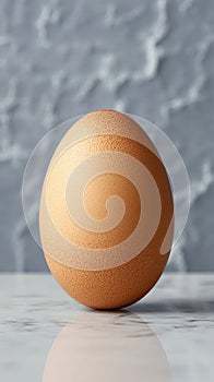 single brown egg standing upright on smooth marble surface