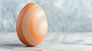 single brown egg standing upright on smooth marble surface