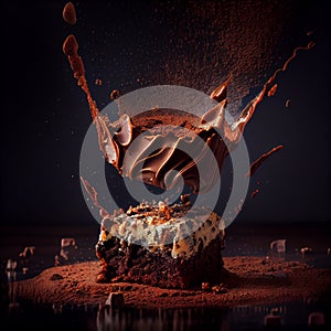 A single brownie covered in chocolate falling.generative ayi photo