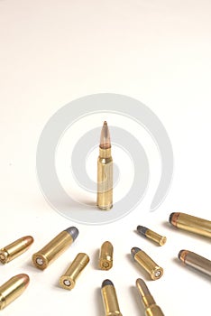 A single bullet standing in front of several other bullets of various calibers.