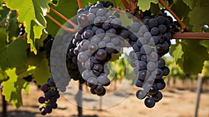 Single bunch of Shiraz grapes on vine. generative ai