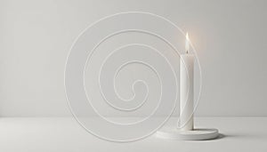 Single burning candle, sleek minimalist stand, pure white backdrop, warmlight, elegant photo