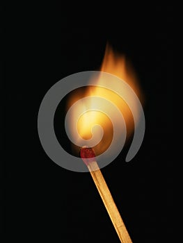 Single burning match on black background