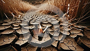 A single burnt matchstick lying in a parched field, cracked earth and dry grass