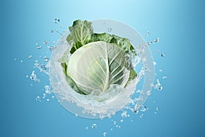 Single cabbage suspended in midair against a bright blue backdrop