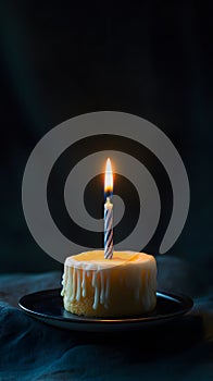 Single Candle Atop Drippy Cake on Black Plate photo