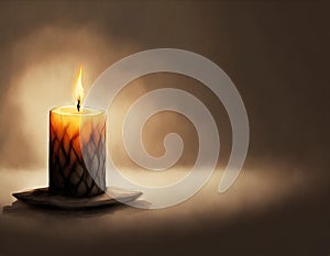 Single candle burning brightly against a dark, warm background, conveying tranquility