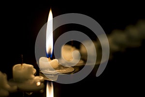 Single candle burning in the darkness