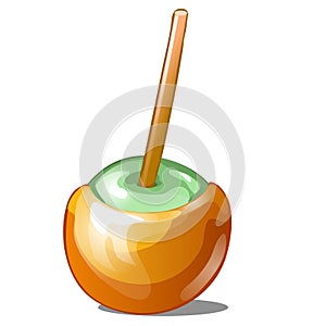 Single candy apple dipped in caramel with stick isolated on white background. Handmade sweetness is toffee apple. Vector