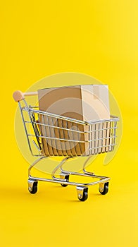 single cardbox box in cart on yellow background