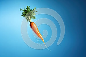 Single carrot suspended in midair against a bright blue backdrop