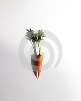 A single carrot on a white surface. Generative AI image.