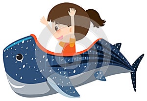 Single character of girl and whaleshark on white background