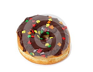 Single Chocolate Frosted Donut With Sprinkles On White