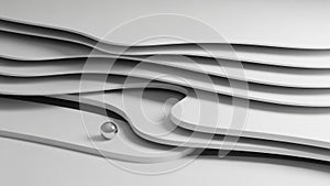 A single chrome ball rests on a smooth white undulating surface with layered curved planes creating a minimalist