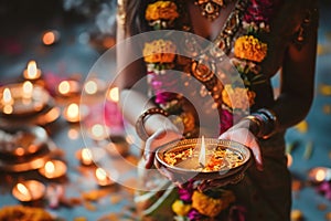 Single clay diya lamp with illumination and reflection. Indian celebration Ugadi Indian new year