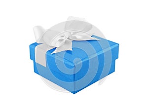 single closed bright blue gift box with white ribbon bow isolated on white background