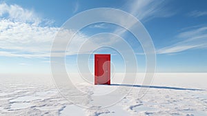 A single closed red door standing on a desert. Unusual design concept