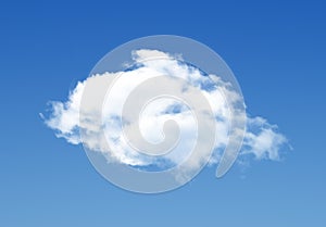 Single cloud isolated over blue sky background. White fluffy cloud photo, beautiful cloud shape. Climate concept