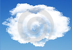 Single cloud isolated over blue sky background. White fluffy cloud photo, beautiful cloud shape. Climate concept