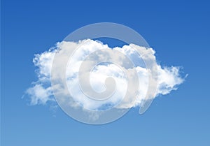 Single cloud isolated over blue sky background. White fluffy cloud photo, beautiful cloud shape. Climate concept