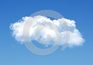 Single cloud isolated over blue sky background. White fluffy cloud photo, beautiful cloud shape. Climate concept