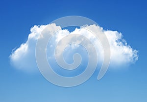 Single cloud isolated over blue sky background. White fluffy cloud photo, beautiful cloud shape. Climate concept