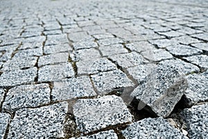 Single cobble out of the structure on a cobblestone street in an old medieval city. Gray paved boulevard made of stones. Urban