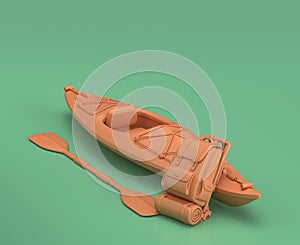 single color backpacks and a kayak, ready-to-go, in green background, 3d rendering, yellow camping objects, fishing objects