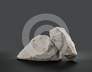 Single color white rocks in a flat grey color background for product displays with copy space, 3d Rendering