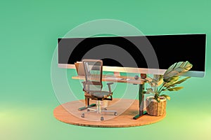 single computer workspace on wooden podium with giant widescreen monitor display freelance and home office concept 3D
