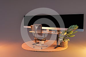 single computer workspace on wooden podium with giant widescreen monitor display freelance and home office concept 3D