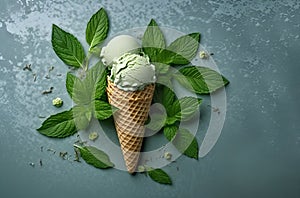 Single cone of mint ice cream with mint leaves around. Homemade green ice cream with basil and mint on grey background. Summer