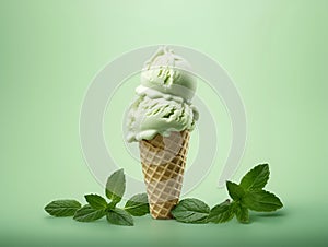 Single cone of mint ice cream with mint leaves around. Homemade green ice cream with basil and mint on light green background.