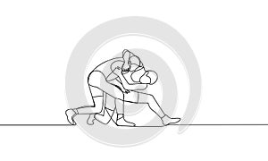 Single continuous drawing of two men fighting. Wrestling. One line drawing vector