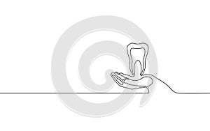 Single continuous line art anatomical human tooth silhouette. Healthy medicine recovery molar root cavity concept design