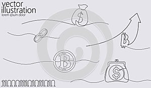 Single continuous line art bitcoin cryptocurrency set. Blockchain modern finance international banking technology
